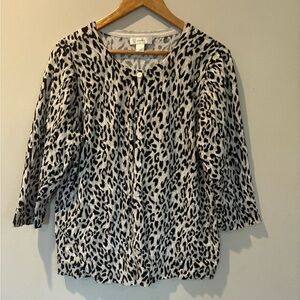CJ Banks Black and White Snow Leopard Animal Print Cardigan with 3/4 sleeve